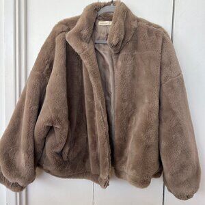 Fluffy And Fuzzy Taupe Bomber Jacket With Cinchable Waist